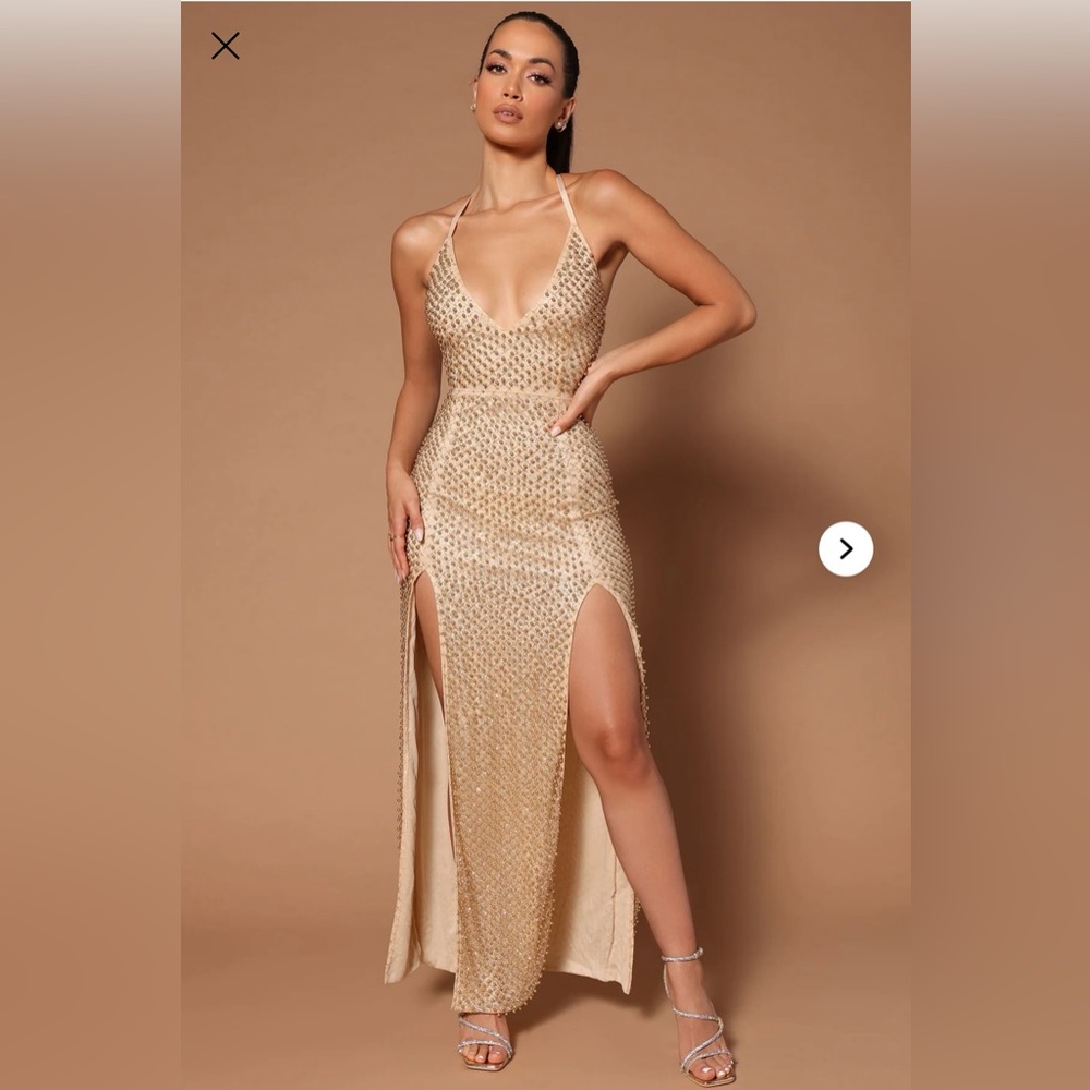 FASHION NOVA Devina Embellished Maxi Dress - Gold Elegant Gold Evening Dress